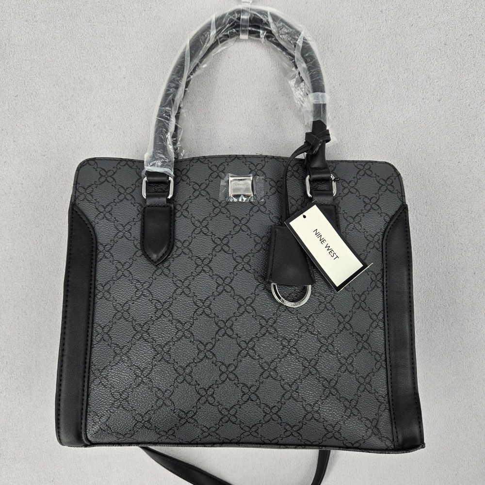 Nine West NWT Jet Black Coralia Monogram Logo Satchel Crossbody Bag